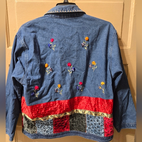 Life Style Mixed Media Embroidered Floral Denim Button Up Light Weight Coat - Picture 6 of 6